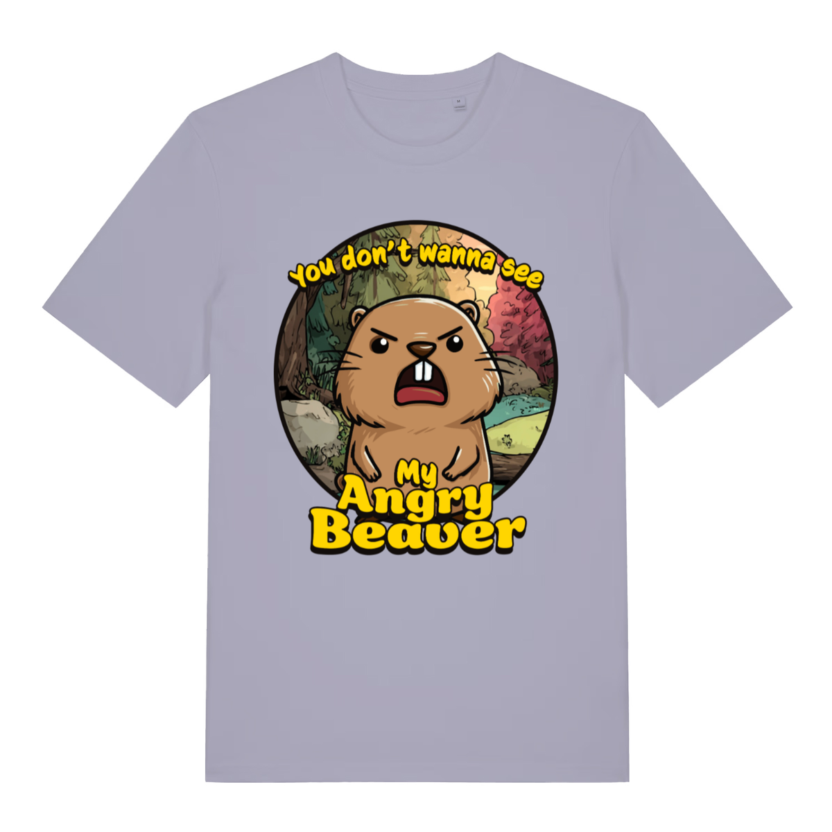 Lavender women's "Angry Beaver" witty rude animal t-shirt flat lay, funny cartoon beaver pun graphic organic cotton ladies tee UK