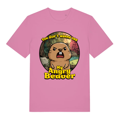 Pink women's "You Don't Wanna See My Angry Beaver" cheeky t-shirt flat lay, humorous rude rodent slogan organic cotton funny ladies tee UK