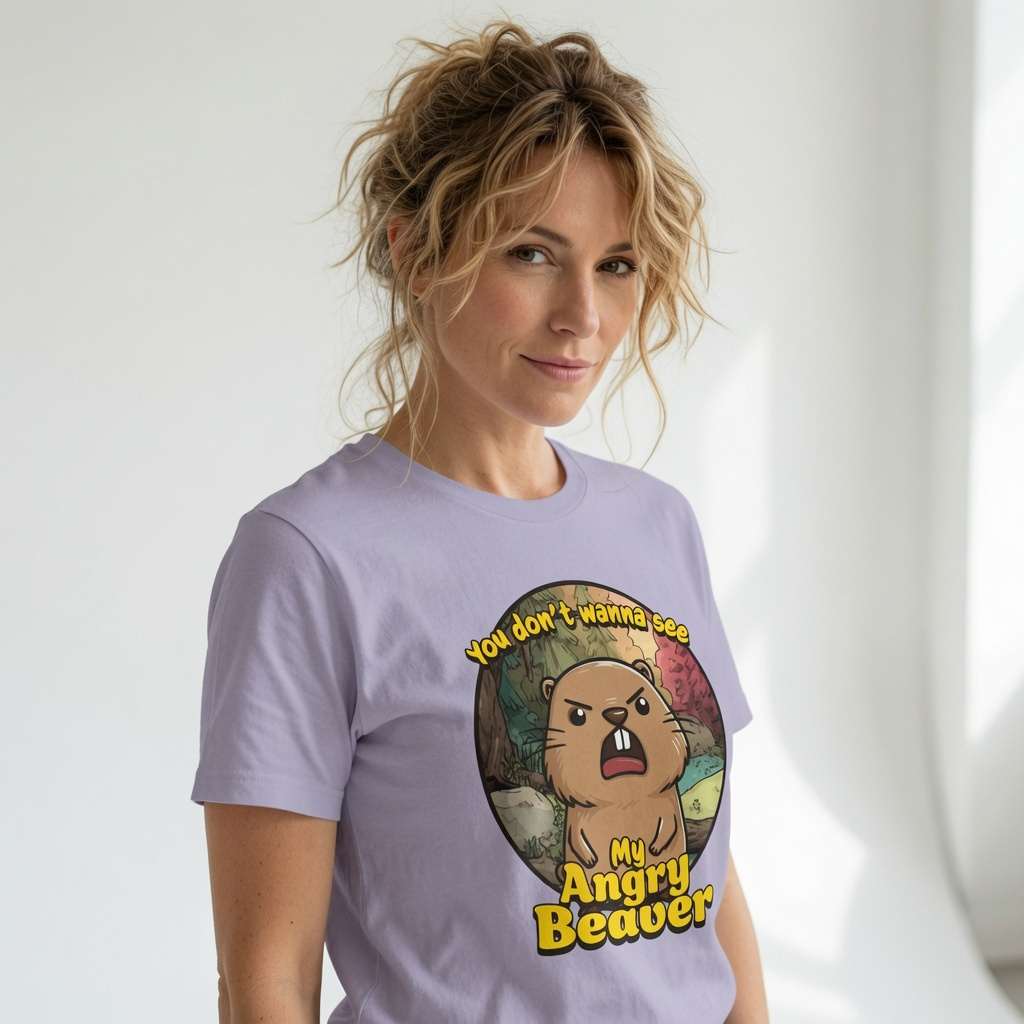 Woman in lilac You Don’t Wanna See My Angry Beaver t-shirt, fun cheeky animal joke gift