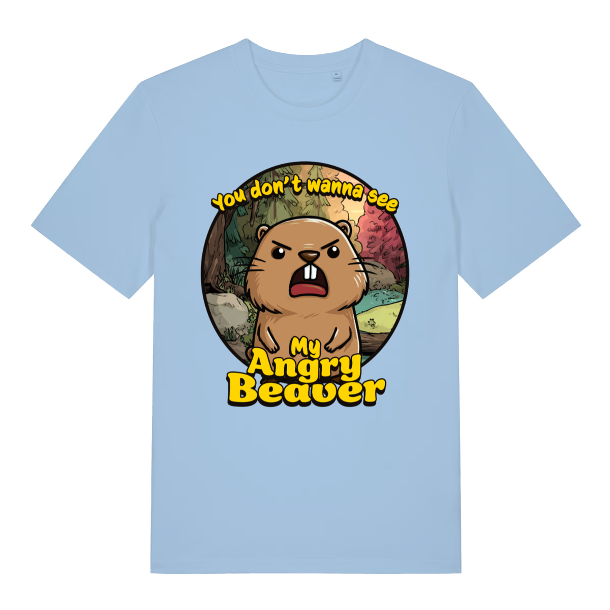 Sky blue women's "Angry Beaver" funny cartoon t-shirt flat lay, witty animal banter slogan organic cotton sustainable ladies tee printed in UK