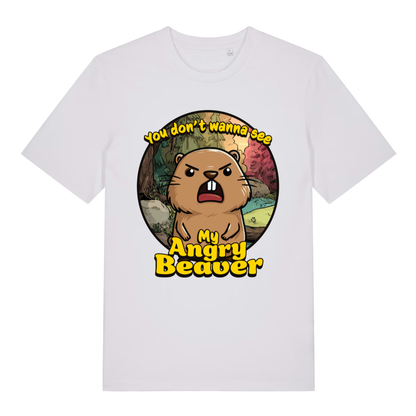 White women's "You Don't Wanna See My Angry Beaver" rude t-shirt flat lay, cheeky beaver cartoon graphic organic cotton funny ladies tee UK