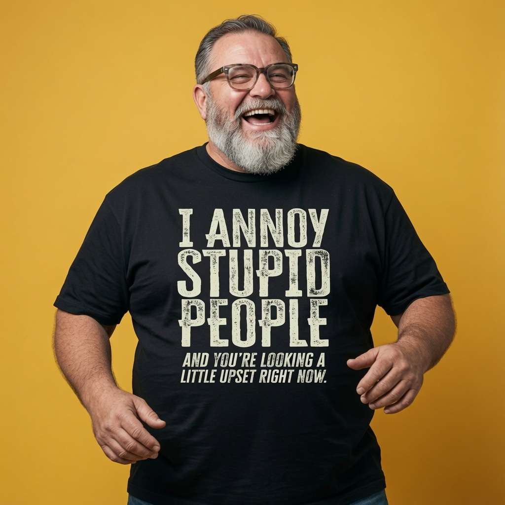 Man laughing with both hands open while wearing a black I Annoy Stupid People And You’re Looking A Little Upset Right Now t-shirt, funny mens sarcastic witty slogan design full of pure attitude that every cheeky lad will claim