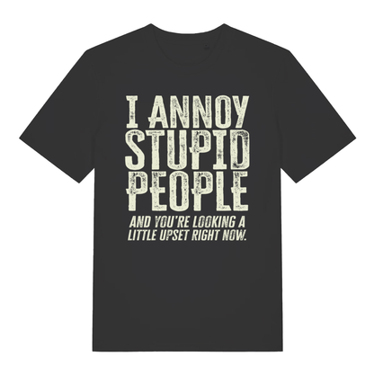 Black "I Annoy Stupid People" funny sarcastic t-shirt flat lay, savage witty slogan organic cotton tee printed in UK