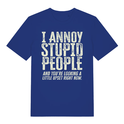 Blue "I Annoy Stupid People" cheeky put down t-shirt flat lay, humorous sarcastic slogan graphic organic cotton tee UK