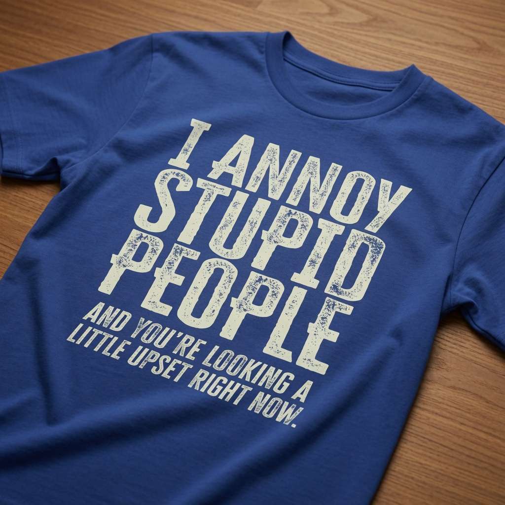 Blue I Annoy Stupid People slogan t-shirt on wood, funny cheeky dumb statement shirt