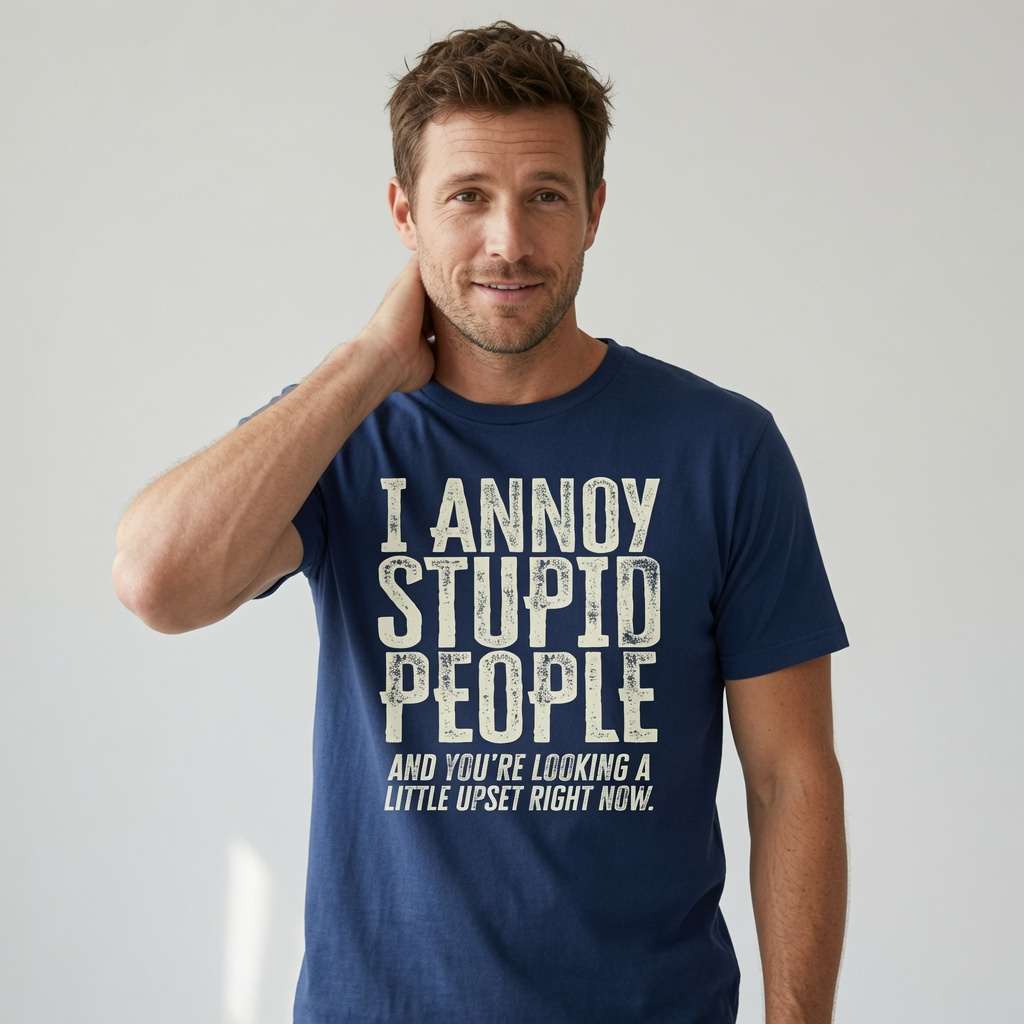 Man in blue I Annoy Stupid People t-shirt, funny cheeky statement shirt for the unfiltered