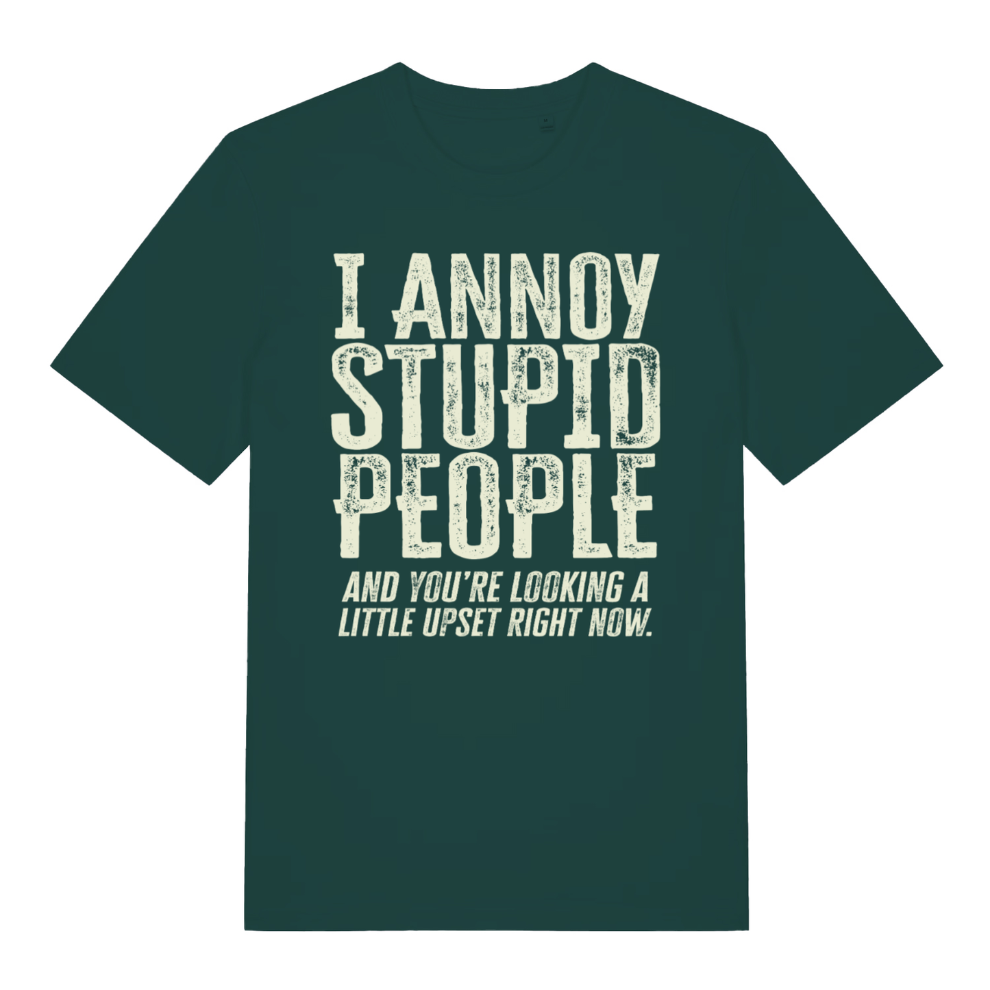 Green "I Annoy Stupid People" savage funny t-shirt flat lay, witty roast slogan organic cotton funny tee printed in UK