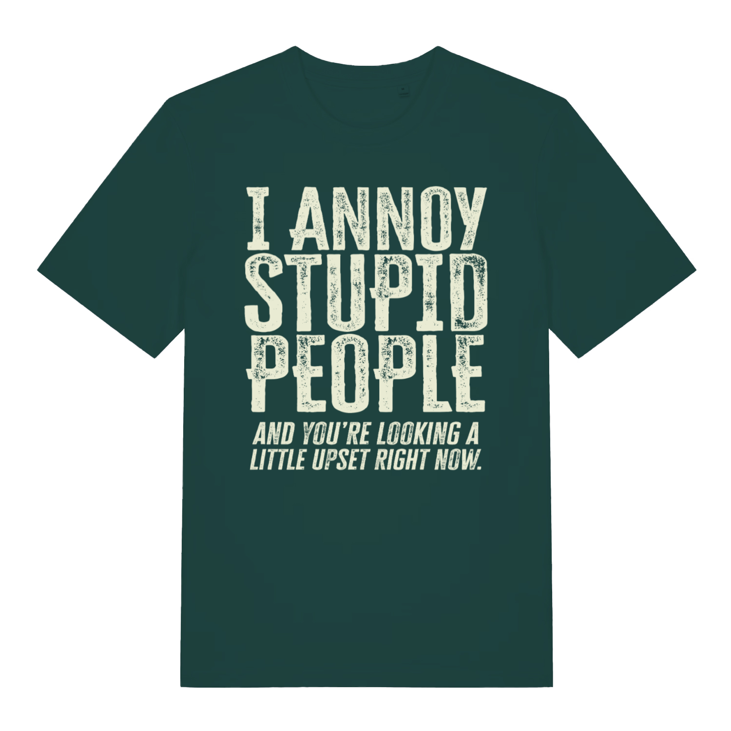 Green "I Annoy Stupid People" savage funny t-shirt flat lay, witty roast slogan organic cotton funny tee printed in UK