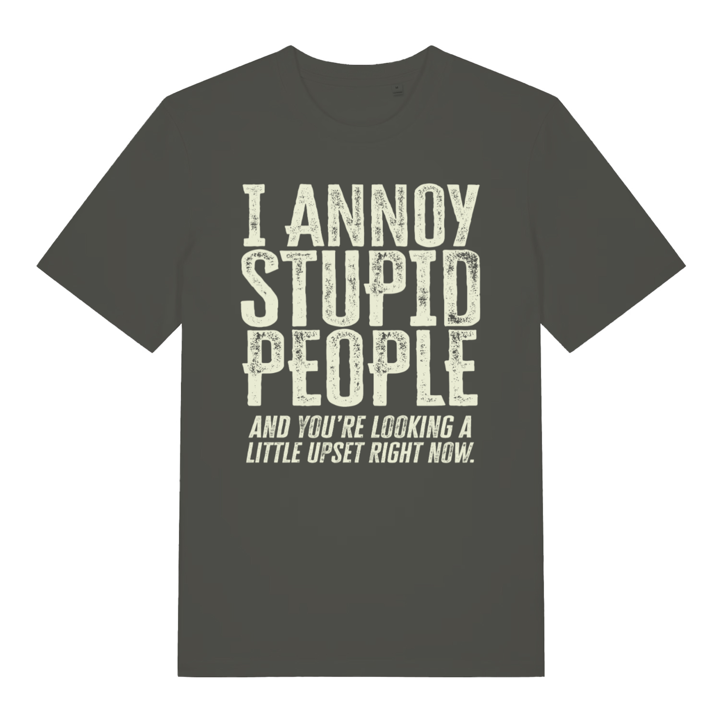 Khaki "I Annoy Stupid People" sarcastic t-shirt flat lay, cheeky statement slogan organic cotton tee UK made
