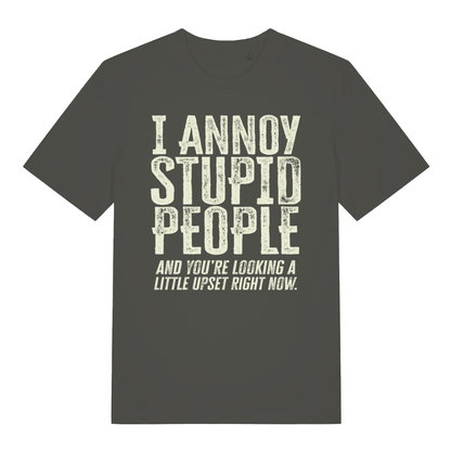 Khaki "I Annoy Stupid People" sarcastic t-shirt flat lay, cheeky statement slogan organic cotton tee UK made