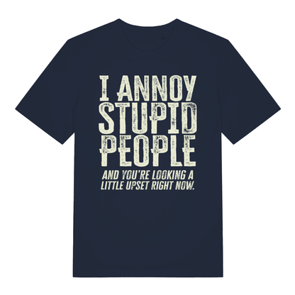 Navy "I Annoy Stupid People" witty sarcastic t-shirt flat lay, funny roast slogan organic cotton sustainable tee printed in UK