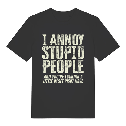 Black women's "I Annoy Stupid People" funny sarcastic t-shirt flat lay, savage witty slogan organic cotton ladies tee printed in UK