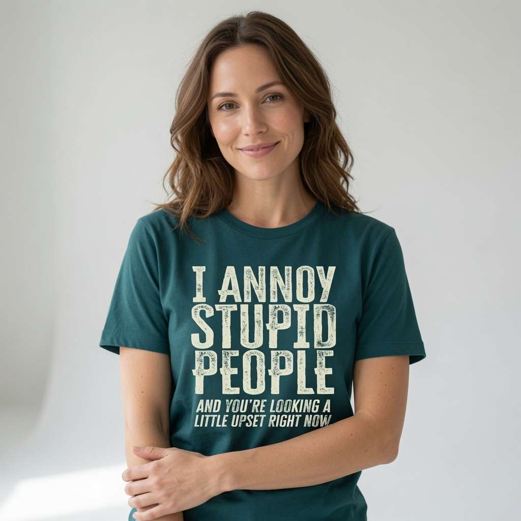 Woman in green I Annoy Stupid People t-shirt, fun witty relatable slogan tee for women