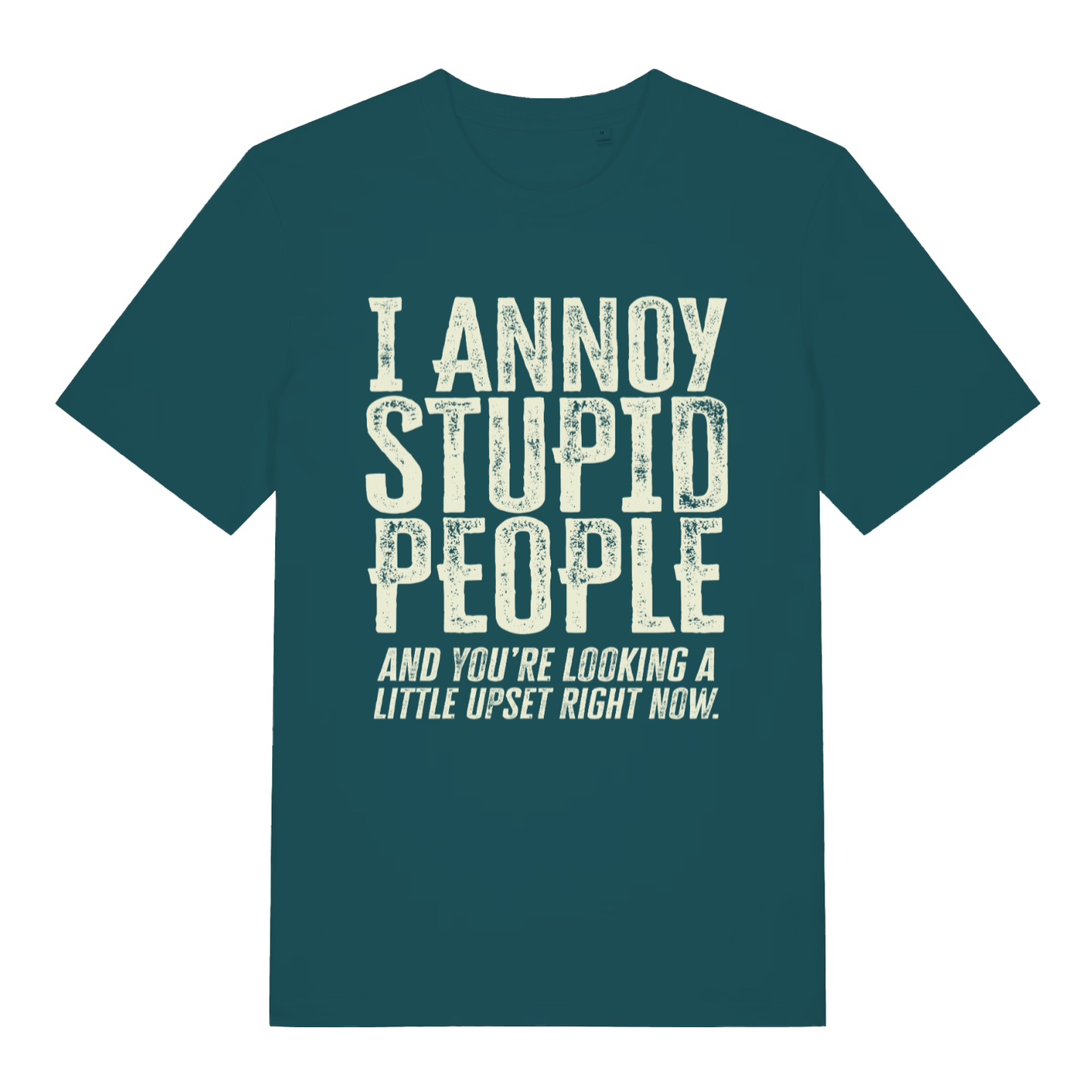 Green women's "I Annoy Stupid People" cheeky put down t-shirt flat lay, humorous sarcastic slogan graphic organic cotton ladies tee UK