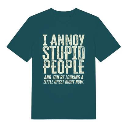 Green women's "I Annoy Stupid People" cheeky put down t-shirt flat lay, humorous sarcastic slogan graphic organic cotton ladies tee UK
