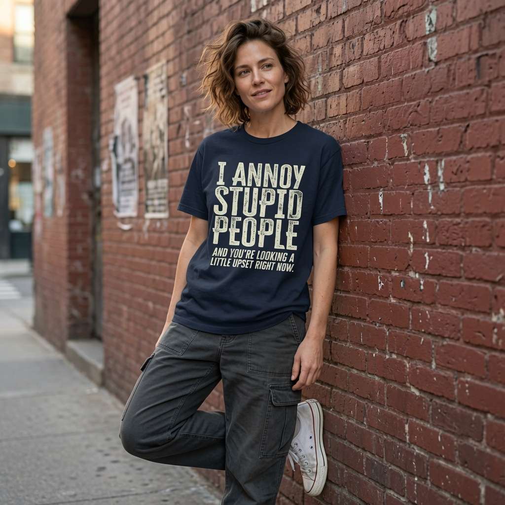 Woman in navy I Annoy Stupid People tee against brick wall, funny rude statement shirt gift