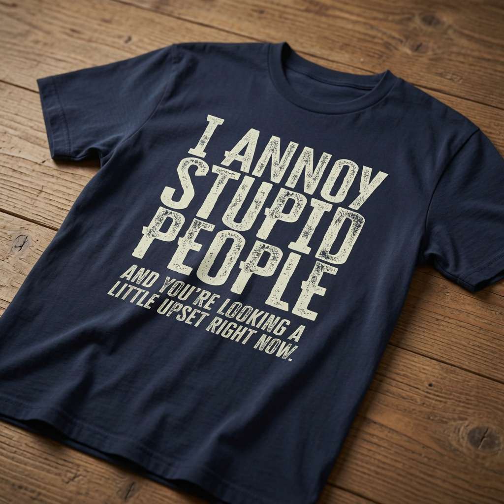 Navy I Annoy Stupid People t-shirt on wooden table, funny statement shirt for her