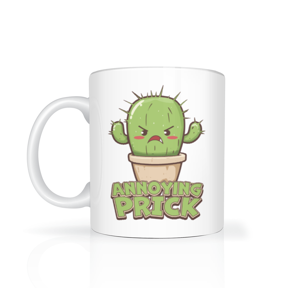 A white ceramic mug features a grumpy green cactus in a pot above the bold words “ANNOYING PRICK,” giving the novelty design a cheeky, irreverent tone.