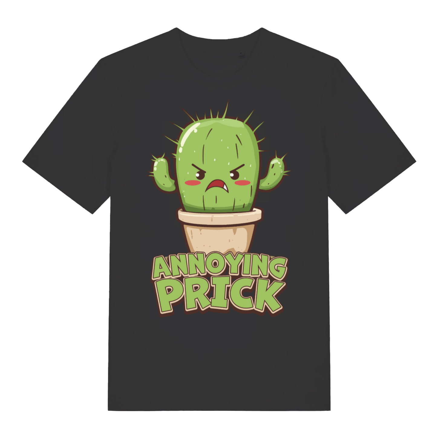 Black "Annoying Prick" funny cactus t-shirt flat lay, cheeky cartoon plant pun graphic organic cotton tee printed in UK