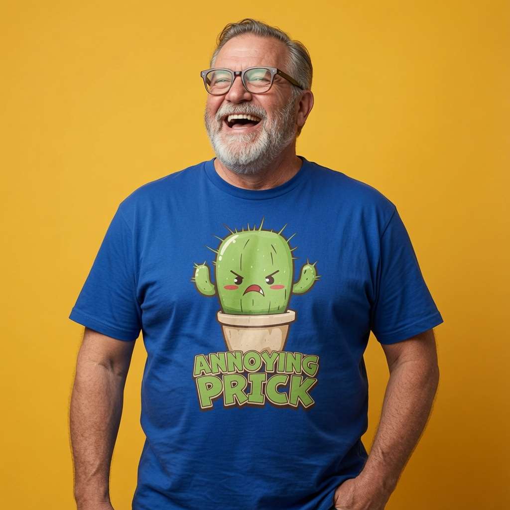 Man laughing with one hand in his pocket while wearing a blue Annoying Prick t-shirt featuring an angry cartoon cactus, witty mens cheeky cactus graphic design full of pure attitude that every cheeky lad will claim