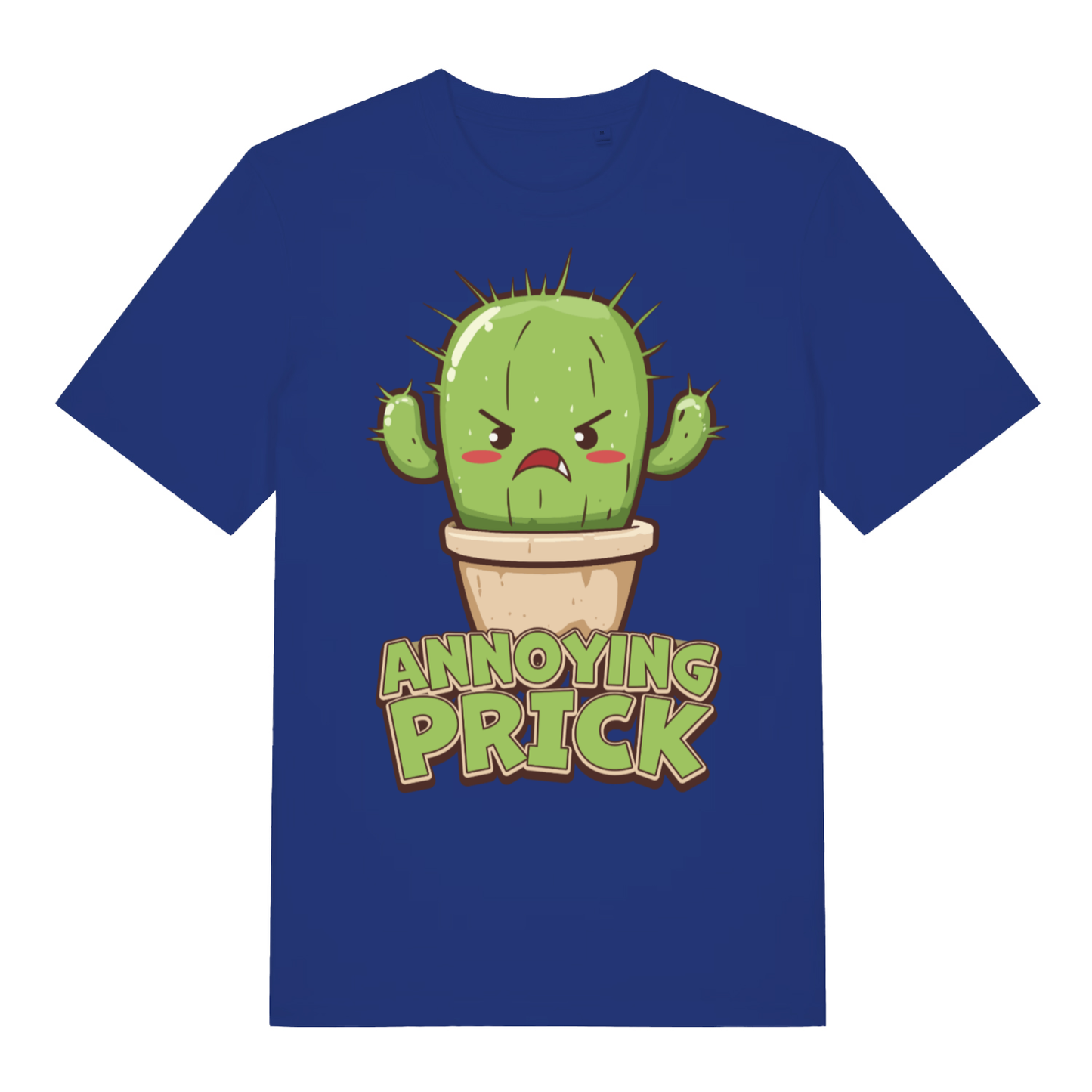 Blue "Annoying Prick" witty cactus t-shirt flat lay, humorous rude plant slogan graphic organic cotton tee UK