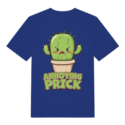 Blue "Annoying Prick" witty cactus t-shirt flat lay, humorous rude plant slogan graphic organic cotton tee UK