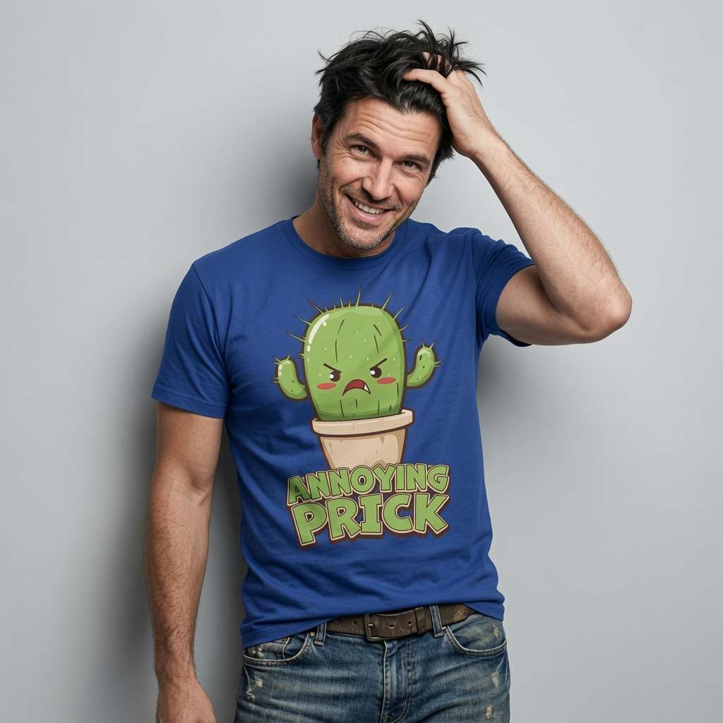 Man in blue Annoying Prick cactus t-shirt scratching head, witty rude mens plant graphic gift