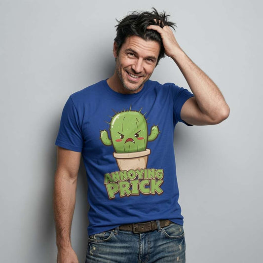 Man in blue Annoying Prick cactus t-shirt scratching head, witty rude mens plant graphic gift