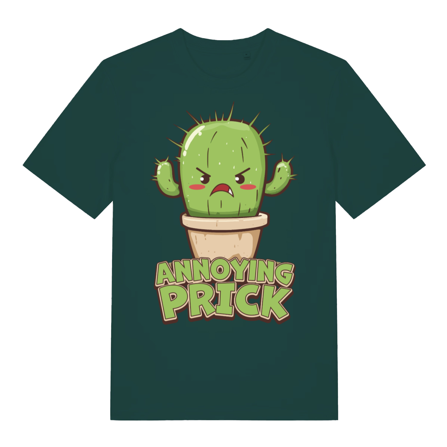 Green "Annoying Prick" funny cartoon t-shirt flat lay, cheeky cactus pun organic cotton sustainable tee printed in UK