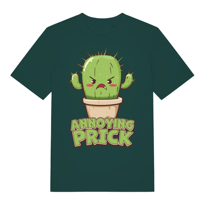 Green "Annoying Prick" funny cartoon t-shirt flat lay, cheeky cactus pun organic cotton sustainable tee printed in UK