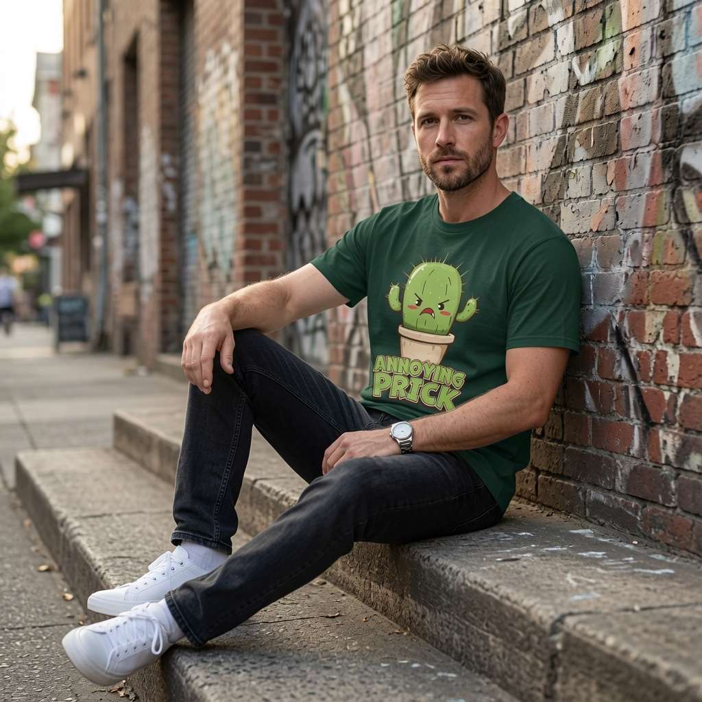 Man in green Annoying Prick cactus tee sat on steps, rude kawaii plant graphic mens shirt