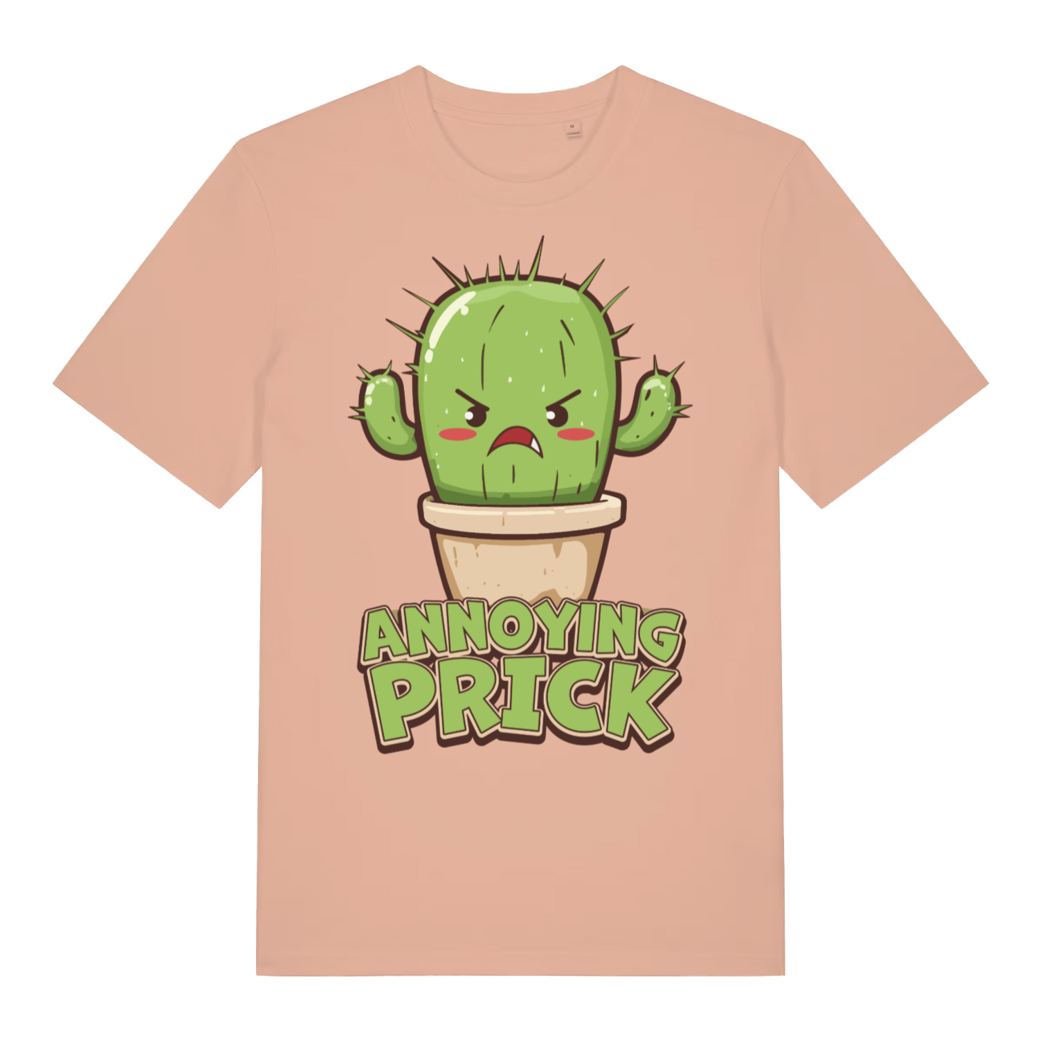 Peach "Annoying Prick" cute cactus t-shirt flat lay, witty plant graphic slogan organic cotton funny tee UK