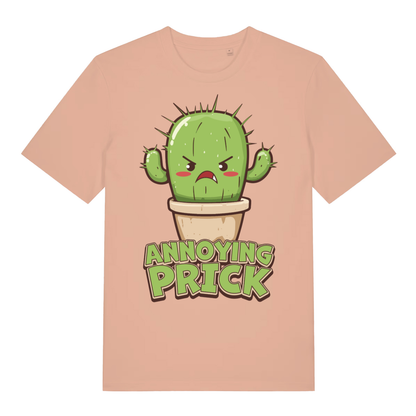 Peach "Annoying Prick" cute cactus t-shirt flat lay, witty plant graphic slogan organic cotton funny tee UK