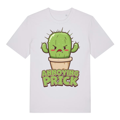 White "Annoying Prick" funny cactus t-shirt flat lay, cheeky cartoon plant pun organic cotton ladies tee printed in UK