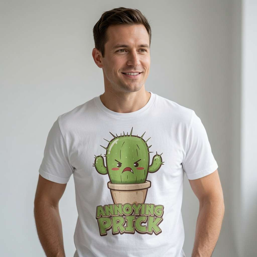 Man in white Annoying Prick cactus t-shirt smiling, cheeky rude mens put-down statement tee