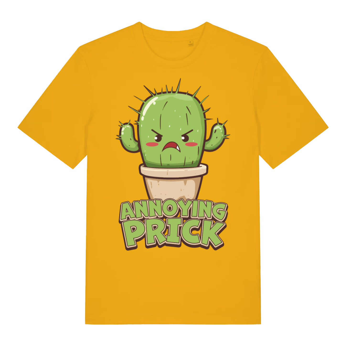 Yellow "Annoying Prick" humorous cactus t-shirt flat lay, rude plant pun slogan organic cotton funny tee UK