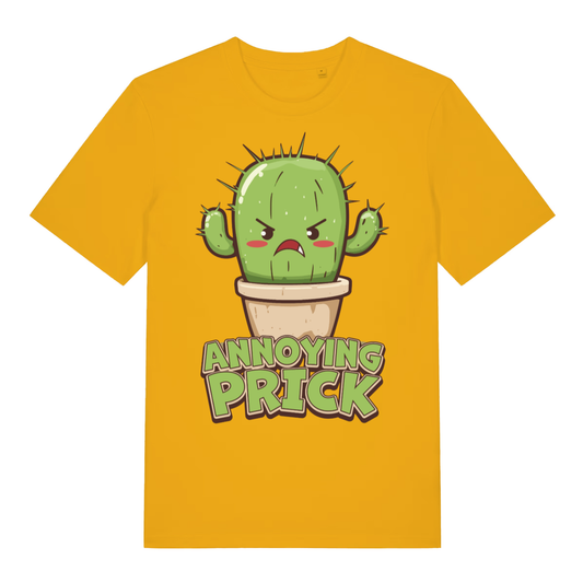 Yellow "Annoying Prick" humorous cactus t-shirt flat lay, rude plant pun slogan organic cotton funny tee UK