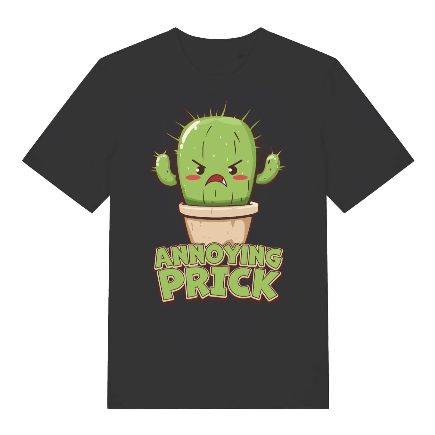 Black women's "Annoying Prick" funny cactus t-shirt flat lay, cheeky cartoon plant pun graphic organic cotton ladies tee printed in UK
