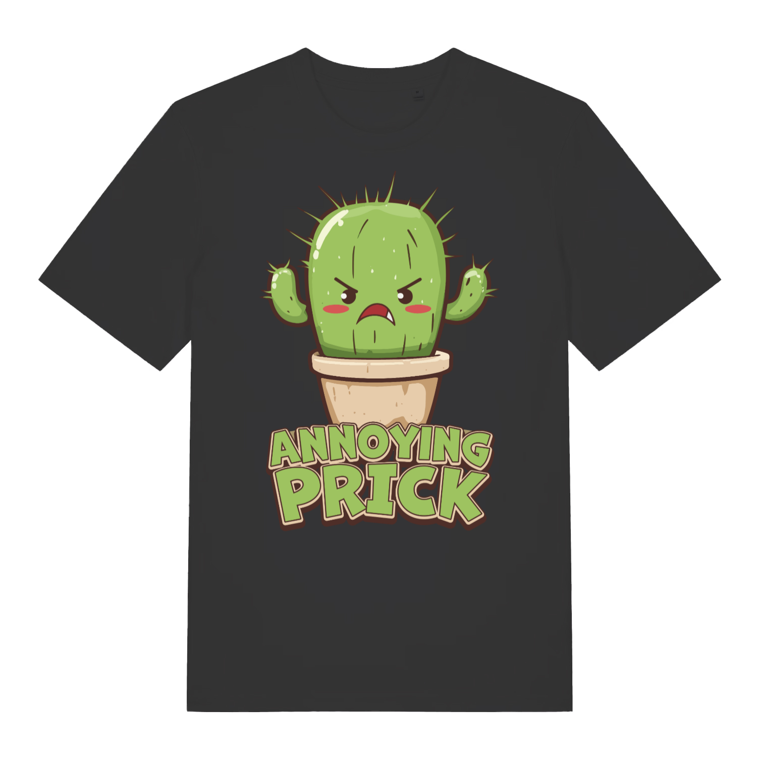 Black women's "Annoying Prick" funny cactus t-shirt flat lay, cheeky cartoon plant pun graphic organic cotton ladies tee printed in UK