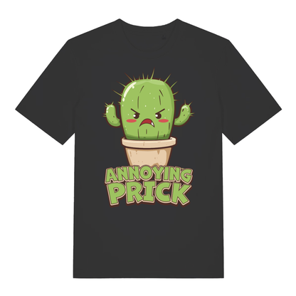 Black women's "Annoying Prick" funny cactus t-shirt flat lay, cheeky cartoon plant pun graphic organic cotton ladies tee printed in UK