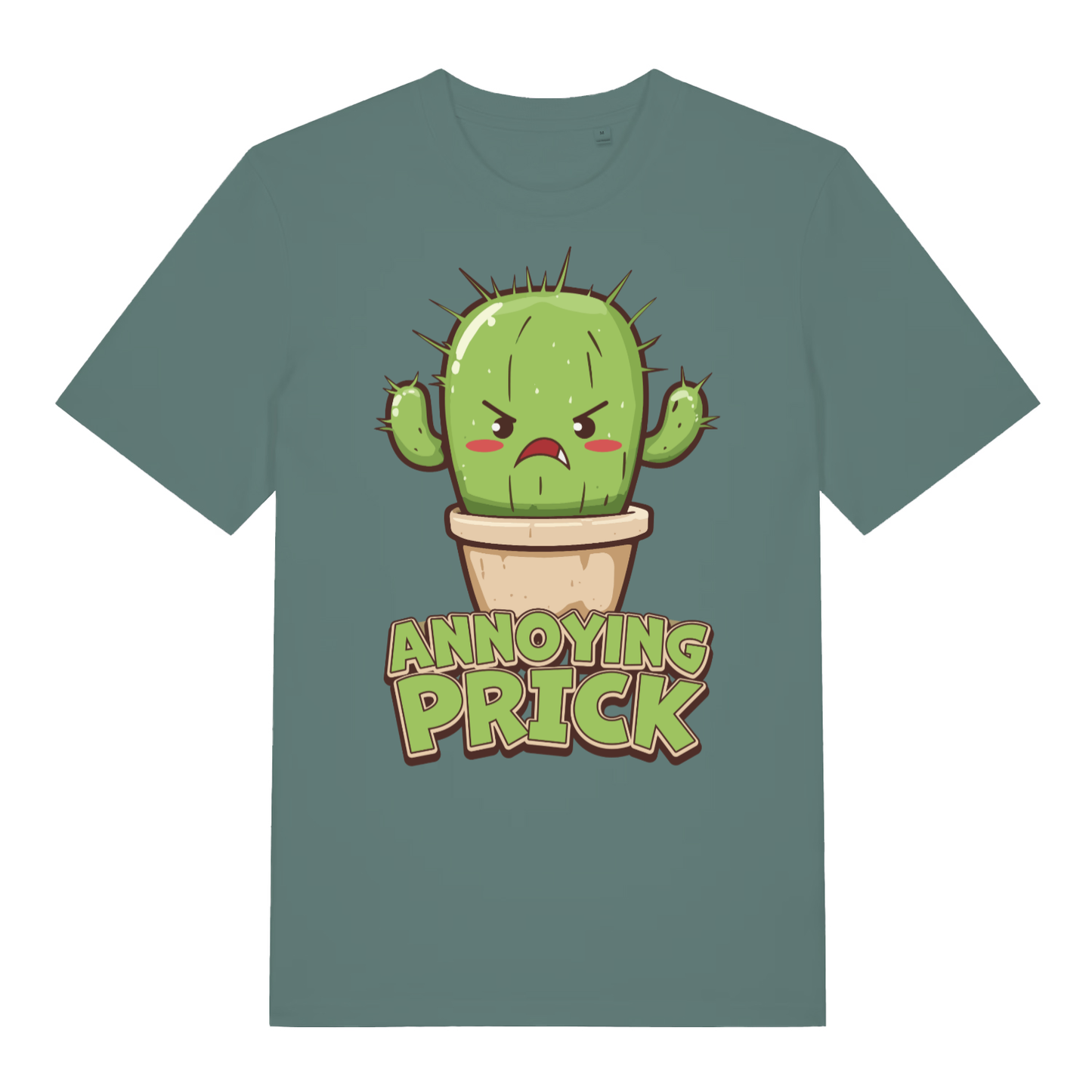 Green women's "Annoying Prick" witty cactus t-shirt flat lay, humorous rude plant slogan graphic organic cotton ladies tee UK
