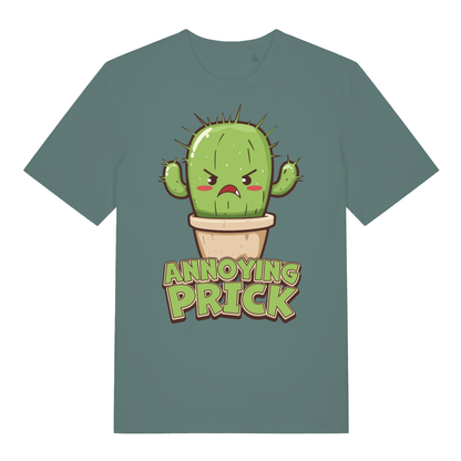 Green women's "Annoying Prick" witty cactus t-shirt flat lay, humorous rude plant slogan graphic organic cotton ladies tee UK