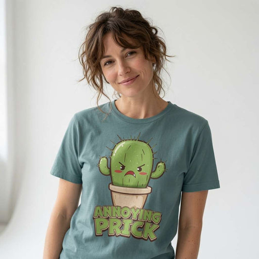 Woman in green Annoying Prick cactus t-shirt, funny rude ladies statement plant graphic tee