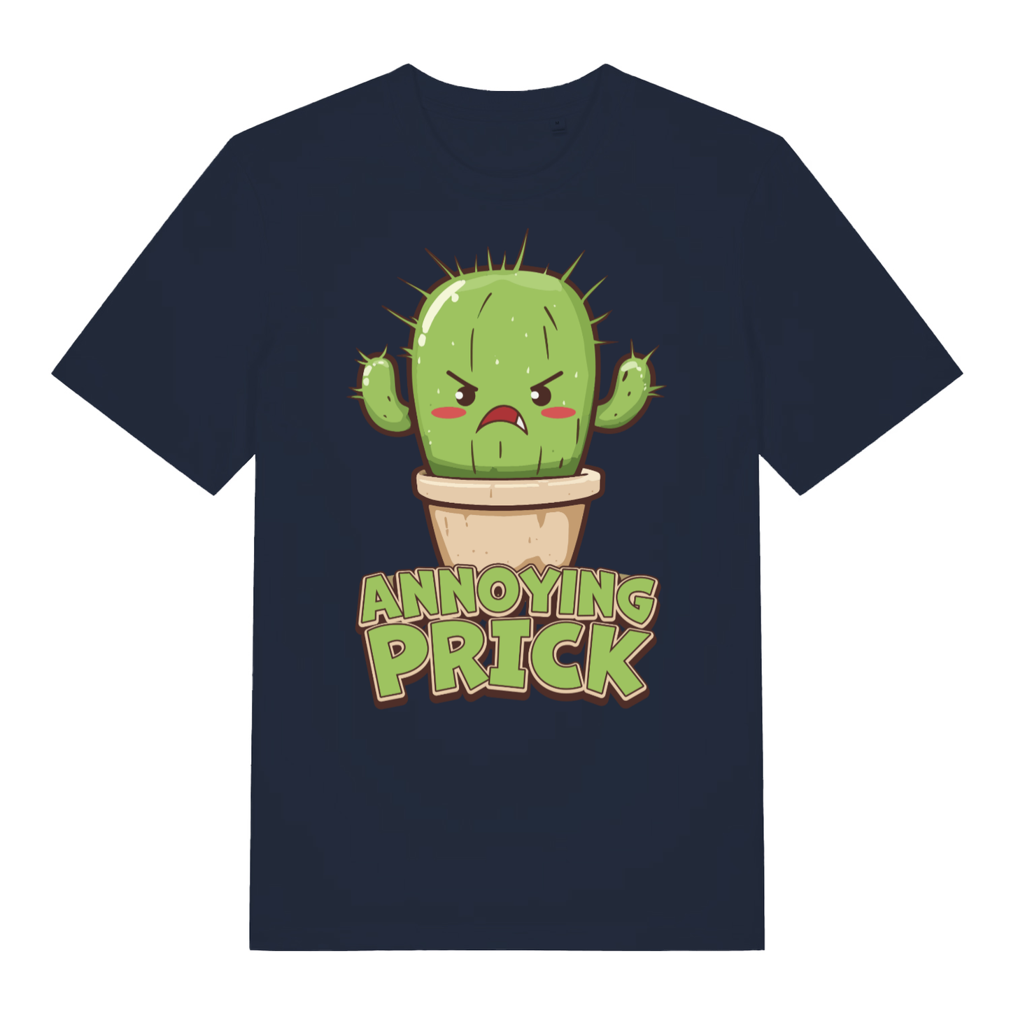 Navy women's "Annoying Prick" funny cartoon t-shirt flat lay, cheeky cactus pun organic cotton funny ladies tee printed in UK