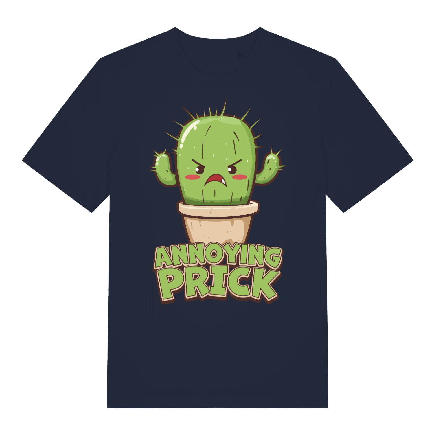 Navy women's "Annoying Prick" funny cartoon t-shirt flat lay, cheeky cactus pun organic cotton funny ladies tee printed in UK