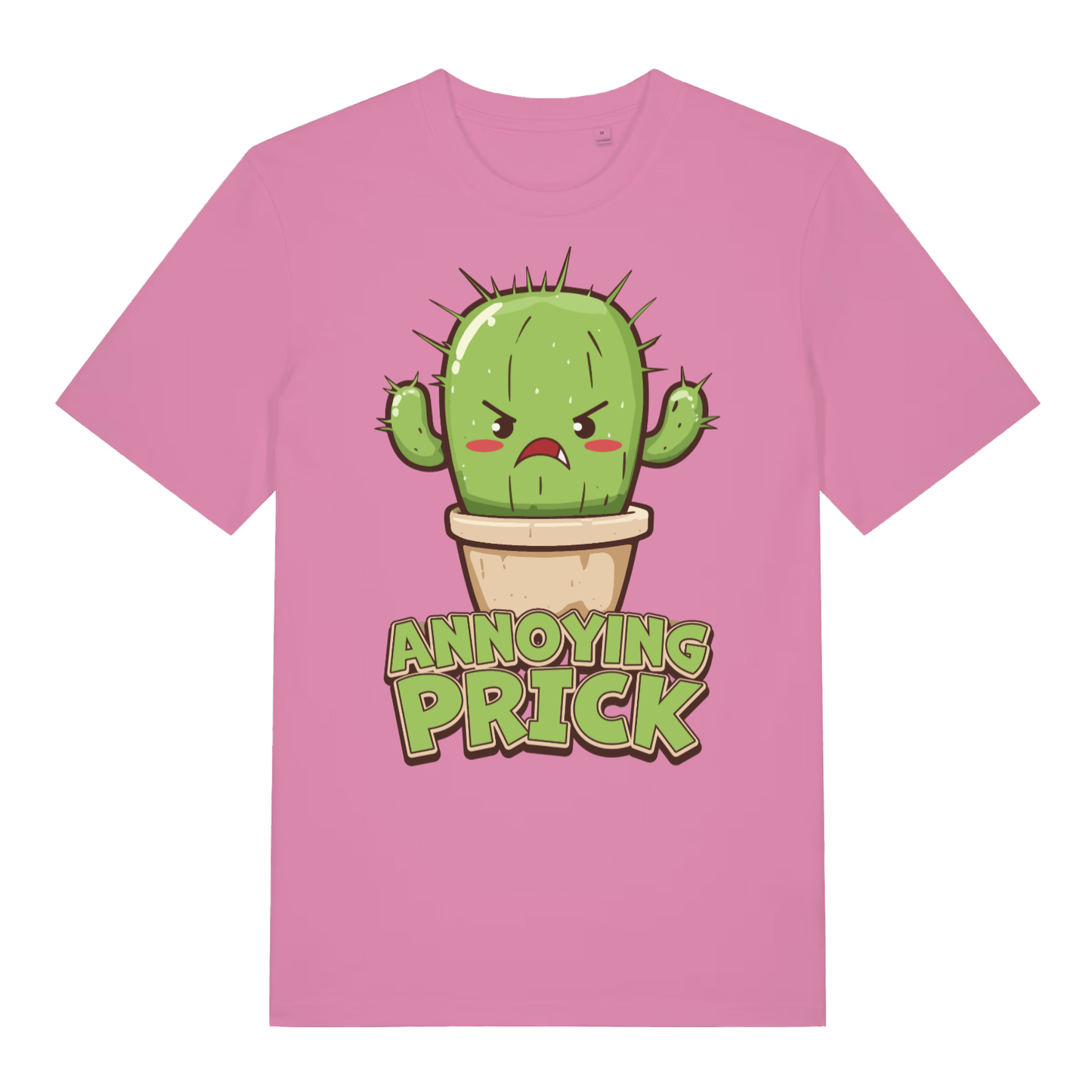 Pink women's "Annoying Prick" cute cactus t-shirt flat lay, witty plant graphic slogan organic cotton ladies tee UK