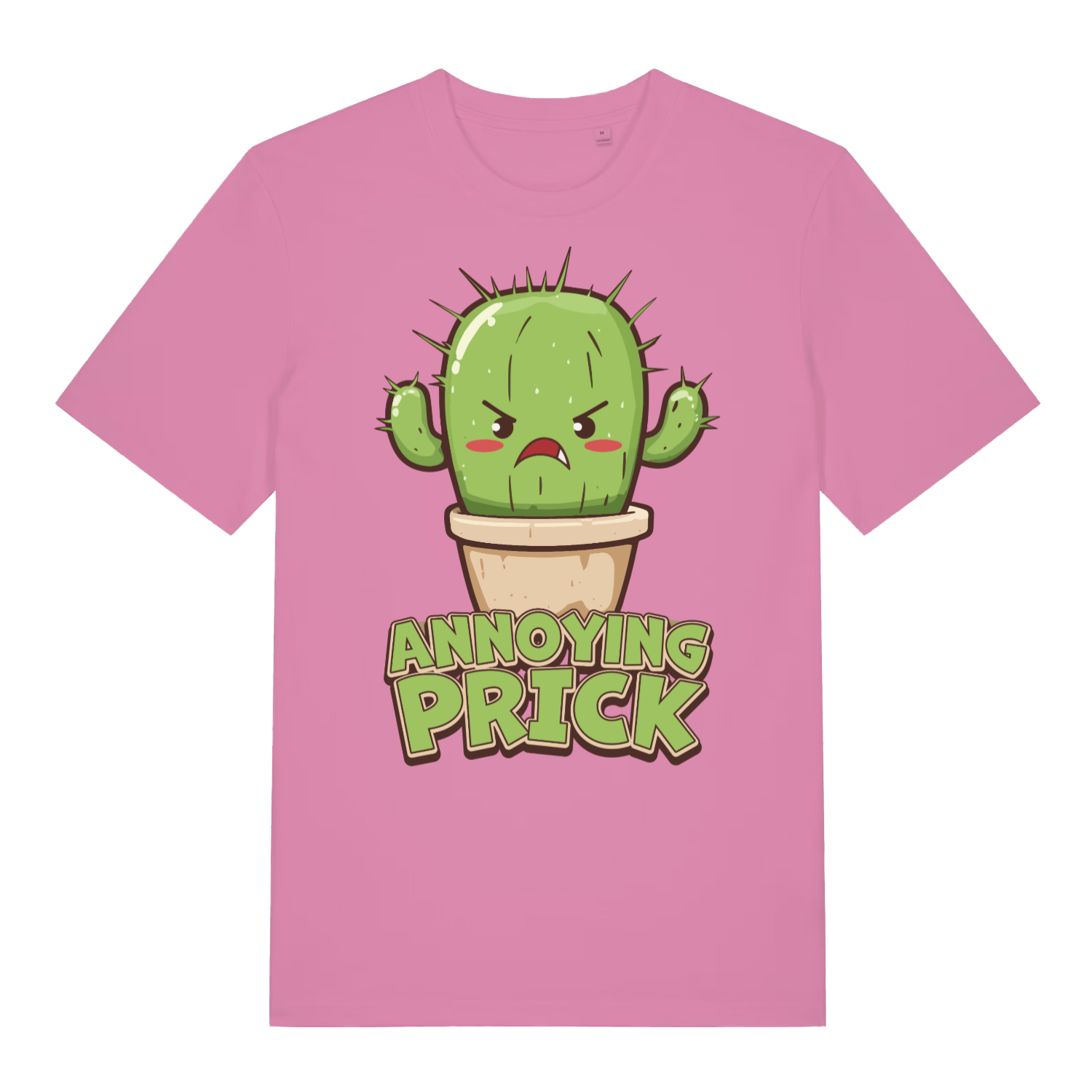 Pink women's "Annoying Prick" cute cactus t-shirt flat lay, witty plant graphic slogan organic cotton ladies tee UK