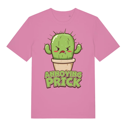 Pink women's "Annoying Prick" cute cactus t-shirt flat lay, witty plant graphic slogan organic cotton ladies tee UK