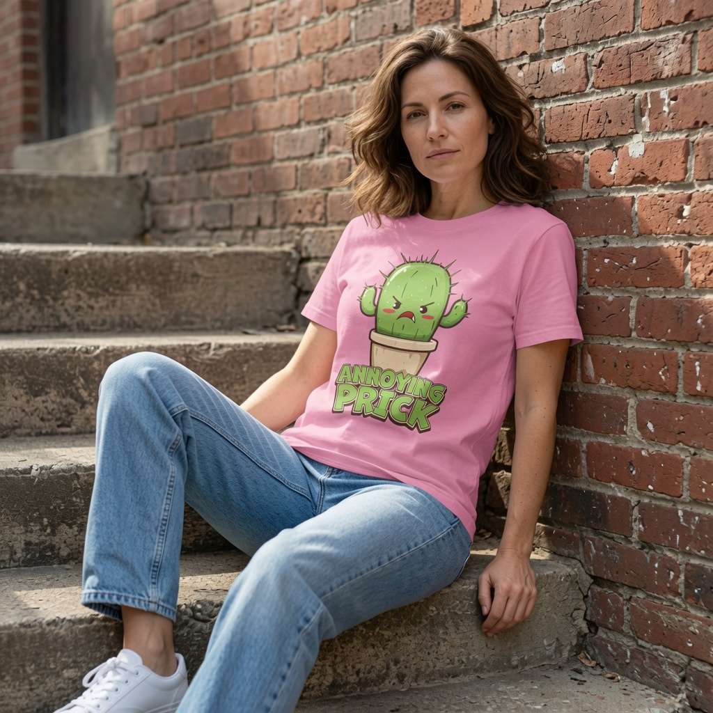 Woman in pink Annoying Prick cactus tee sat on steps, witty funny plant graphic gift for her