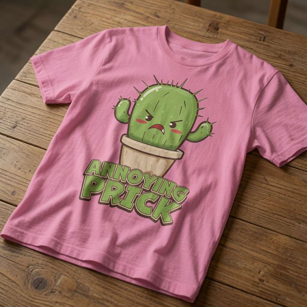 Pink Annoying Prick cactus t-shirt on wooden table, witty funny plants graphic tee for her